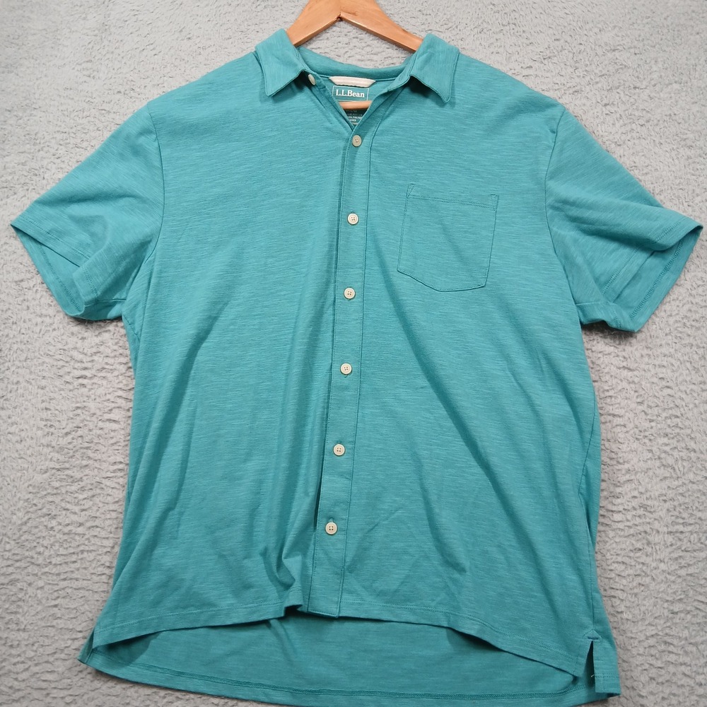 L.L. Bean Mens Short Sleeve Button Shirt Large Teal Traditional Fit Read